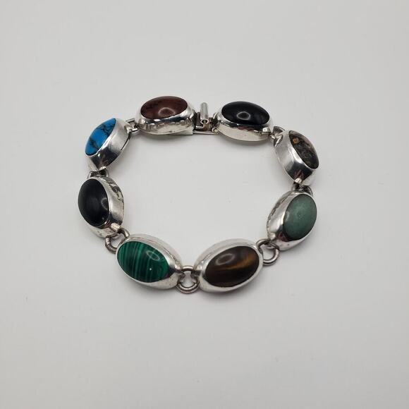 Vintage Taxco Mexico 925 Sterling Silver Multi Gemstone Bracelet 7 Inch 8 Gems - Picture 1 of 11